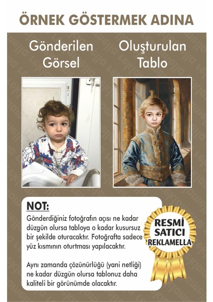NO:120 Kişiye Özel Tasarım Erkek Çocuk Tablosu Hediyelik Kraliyet Kıyafetli Portresi fiyatları
