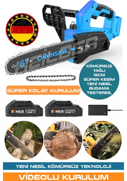 Alman BA01063M V598/21V 6'' 15CM Kömürsüz Yeni Nesil Şarjlı Zincirli Budama Testeresi ve Ağaç Kesme Makinesi