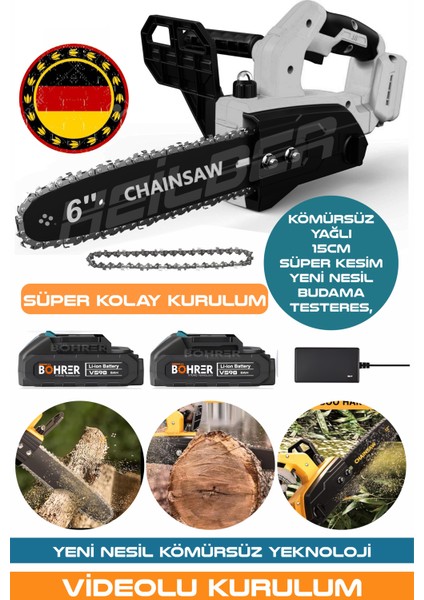 Alman BA01063G V598/21V 6'' 15CM Kömürsüz Yeni Nesil Şarjlı Zincirli Budama Testeresi ve Ağaç Kesme Makinesi