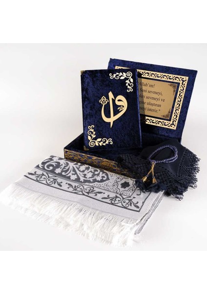 Raşel Kutulu, Şal + Seccade + Tesbih + Kuran Hediye Seti (Orta Boy, Lacivert, Elif-Vav)