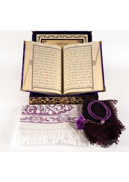Raşel Kutulu, Şal + Seccade + Tesbih + Kuran Hediye Seti (Orta Boy, Mor, Elif-Vav) modelleri