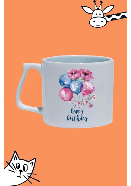 Mutlu Yıllar Happy Bırthday Tasarım Baskılı Beyaz Lüks Sap Kupa Bardak