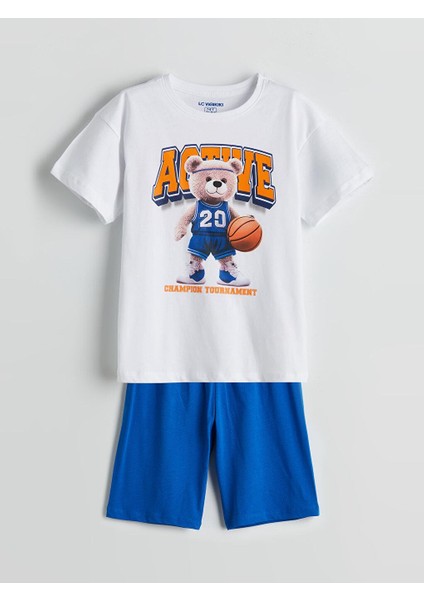 Bisiklet Yaka Ayı Teddy Baskılı Erkek Çocuk Şortlu Pijama Takımı (S5)