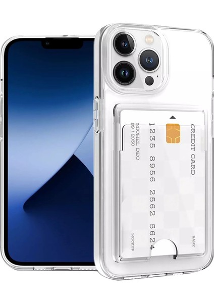 Apple iPhone 13 Pro Max Kılıf Kartlıklı Şeffaf Kart Koymalı Silikon Yumuşak Kapak Kılıf- Şeffaf