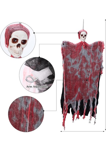 Led Işıklı Kahkaha Atan Sesli Sensörlü Ürpertici Kuru Kafa Kanlı Korku Hayalet Saçaklı Dekor 90x50 cm