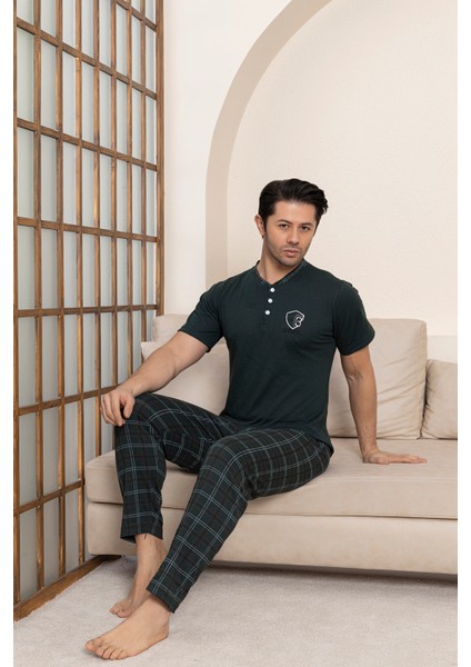 Erkek Penye Yeşil Kısa Kollu Altı Ekoseli Pijama Takımı