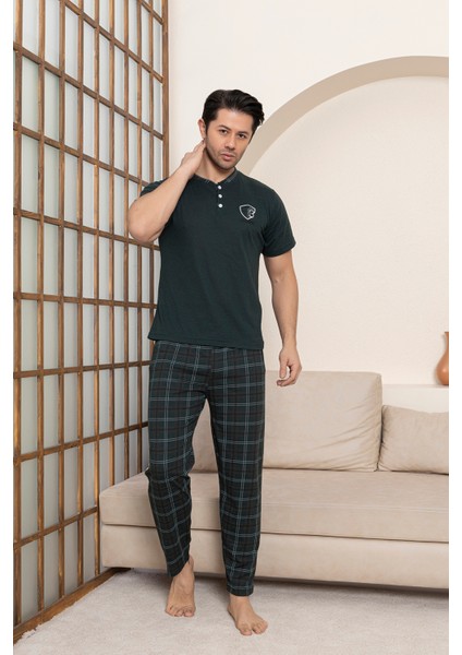 Erkek Penye Yeşil Kısa Kollu Altı Ekoseli Pijama Takımı