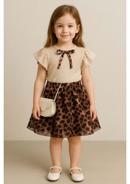 Kız Çocuk Bisiklet Yaka Kurdele Detaylı Bluz Beli Lastikli Leopar Desenli Etekli Takım