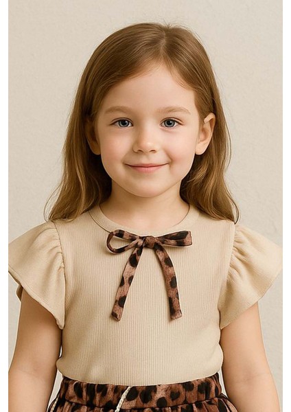 Kız Çocuk Bisiklet Yaka Kurdele Detaylı Bluz Beli Lastikli Leopar Desenli Etekli Takım fiyatları