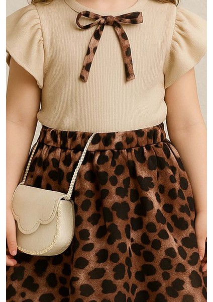 Kız Çocuk Bisiklet Yaka Kurdele Detaylı Bluz Beli Lastikli Leopar Desenli Etekli Takım fırsatları