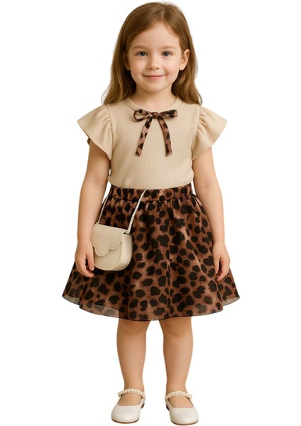 Kız Çocuk Bisiklet Yaka Kurdele Detaylı Bluz Beli Lastikli Leopar Desenli Etekli Takım indirimleri