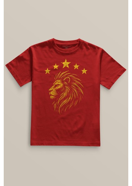 Aslan Sarı Kırmızı Şampiyon Beş Yıldız Baskılı T-Shirt Unisex Kırmızı Tişört 5 Yıldız