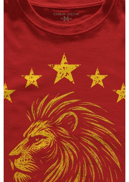 Aslan Sarı Kırmızı Şampiyon Beş Yıldız Baskılı T-Shirt Unisex Kırmızı Tişört 5 Yıldız