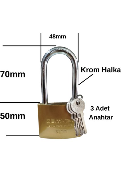 Asma Kilit Paslanmaz Uzun 63MM 3 Anahtarlı