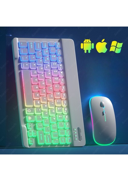 Bluetooth+2.4ghz Kablosuz Işıklı Klavye Mouse Seti | 2 Mod 7 Renk | Ultra Ince | Android/ios/windows/mac Uyumlu | Dpı Ayarlı | Taşınabilir ve Sessiz Tasarım