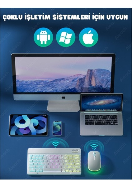 Bluetooth+2.4ghz Kablosuz Işıklı Klavye Mouse Seti | 2 Mod 7 Renk | Ultra Ince | Android/ios/windows/mac Uyumlu | Dpı Ayarlı | Taşınabilir ve Sessiz Tasarım