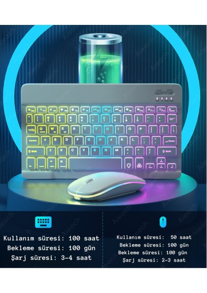 Bluetooth+2.4ghz Kablosuz Işıklı Klavye Mouse Seti | 2 Mod 7 Renk | Ultra Ince | Android/ios/windows/mac Uyumlu | Dpı Ayarlı | Taşınabilir ve Sessiz Tasarım