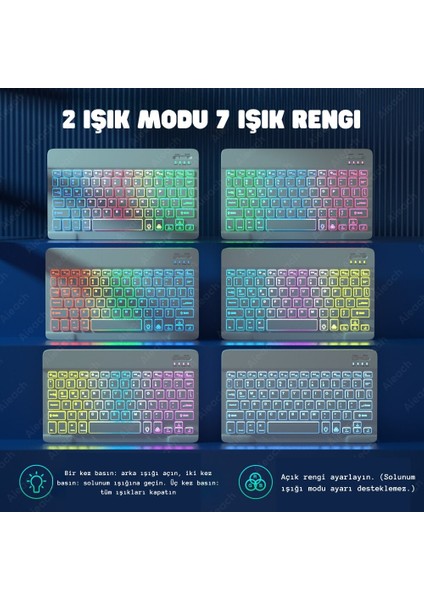 Bluetooth+2.4ghz Kablosuz Işıklı Klavye Mouse Seti | 2 Mod 7 Renk | Ultra Ince | Android/ios/windows/mac Uyumlu | Dpı Ayarlı | Taşınabilir ve Sessiz Tasarım