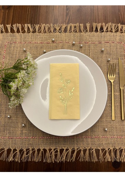 Gold Yaldızlı Sarı Gelincik Çiçeği Baskılı Garson Katlama Peçete 16 Adet