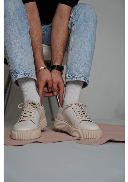 Montrax Model Deri El Yapımı Erkek Bej Sneakers Ayakkabı