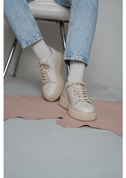 Montrax Model Deri El Yapımı Erkek Bej Sneakers Ayakkabı