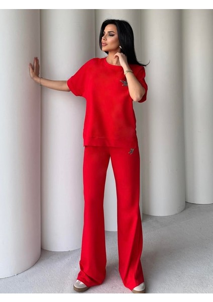 Egzotik Asortik Kadın Kuş Işlemeli Kısa Kol Üst ve Beli Lastikli Geniş Pantolonlu Ikili Takım