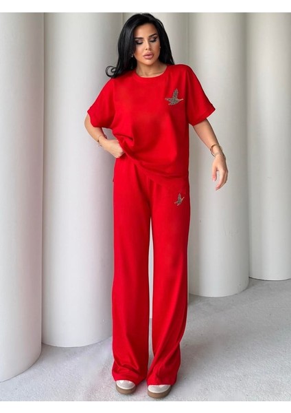 Egzotik Asortik Kadın Kuş Işlemeli Kısa Kol Üst ve Beli Lastikli Geniş Pantolonlu Ikili Takım fiyatları