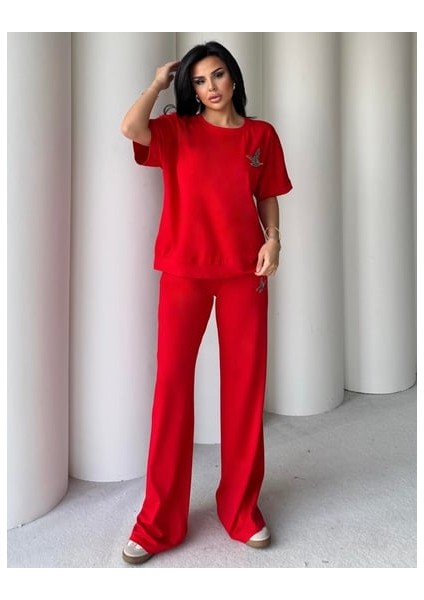 Egzotik Asortik Kadın Kuş Işlemeli Kısa Kol Üst ve Beli Lastikli Geniş Pantolonlu Ikili Takım modelleri