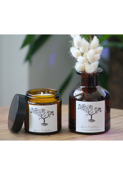 2li Set Amber Kahverengi Dekoratif Cam Şişe Vazo Kavanoz 150ML(ÇİÇEKSİZ)+ Amber Mum 100CC