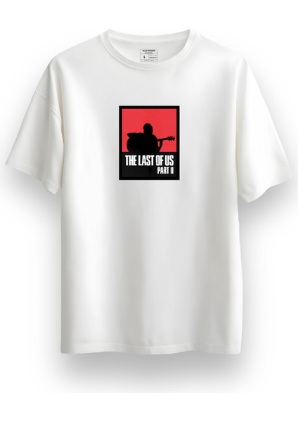 Unisex Oversize Bisiklet Yaka The Last Of Us Baskılı Kısa Kollu Beyaz Tişört