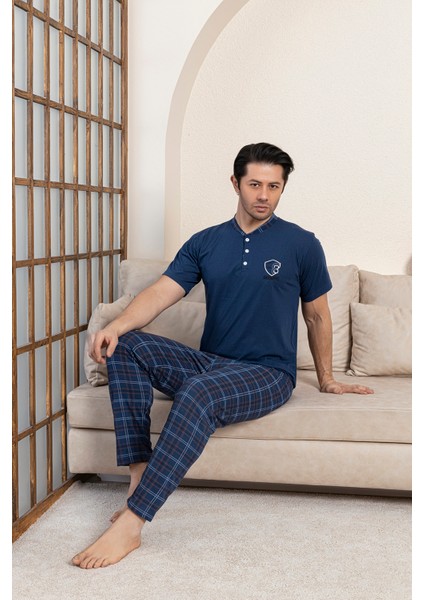 Erkek Penye Indigo Kısa Kollu Altı Ekoseli Pijama Takımı