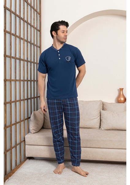 Erkek Penye Indigo Kısa Kollu Altı Ekoseli Pijama Takımı