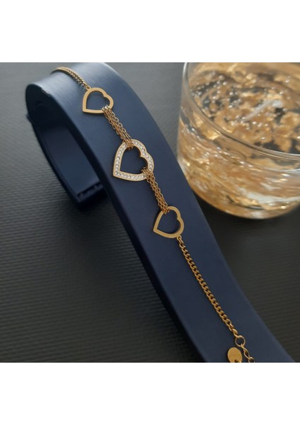 Çelik Gold Renk Taşlı Kalp Figürlü Kadın Bileklik fiyatları