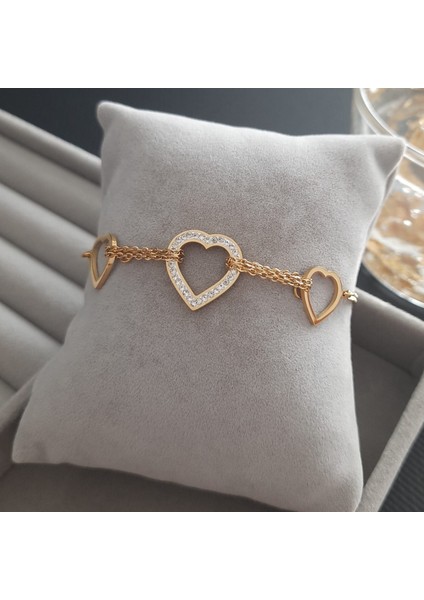 Çelik Gold Renk Taşlı Kalp Figürlü Kadın Bileklik fırsatları