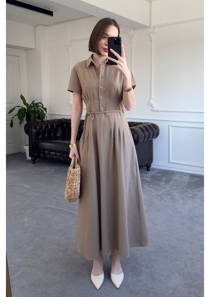 Beli Pileli Magarde Özel Seri Keten Elbise- Kahverengi
