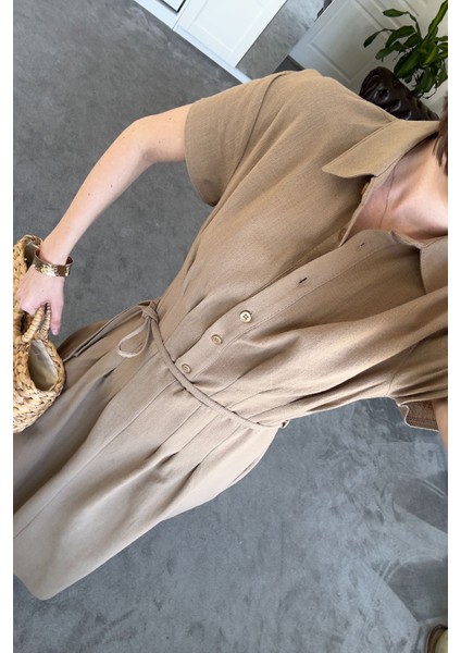 Beli Pileli Magarde Özel Seri Keten Elbise- Kahverengi fiyatları