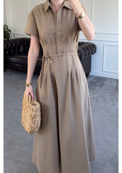 Beli Pileli Magarde Özel Seri Keten Elbise- Kahverengi modelleri