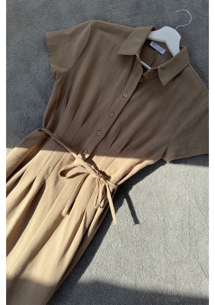 Beli Pileli Magarde Özel Seri Keten Elbise- Kahverengi fırsatları