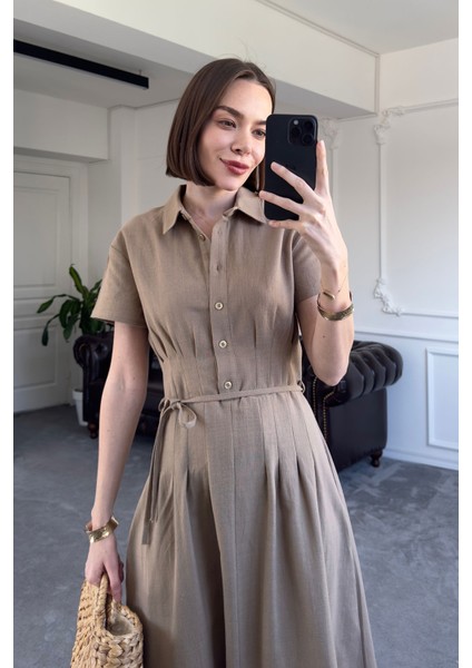 Beli Pileli Magarde Özel Seri Keten Elbise- Kahverengi indirimleri