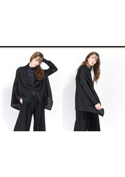 Issey Miyake Tasarımı Pleats Please Pleats Ceket. Asimetrik Kesim Sık Pile Siyah Ceket, Ceket Görünümlü Hırka