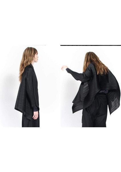 Issey Miyake Tasarımı Pleats Please Pleats Ceket. Asimetrik Kesim Sık Pile Siyah Ceket, Ceket Görünümlü Hırka modelleri