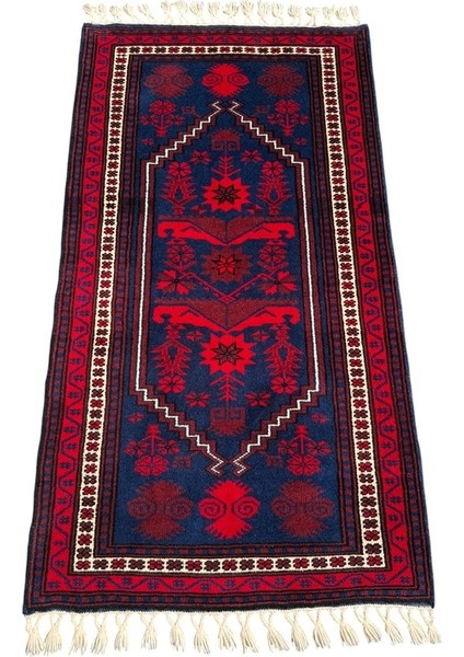 El Dokuma Sıfır Yağcıbedir sı 86X158 Lacivert Kırmızı Halı