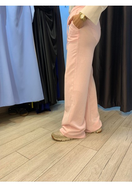 Dökümlü Çizgili Keten Karışımlı Pantolon Penbe