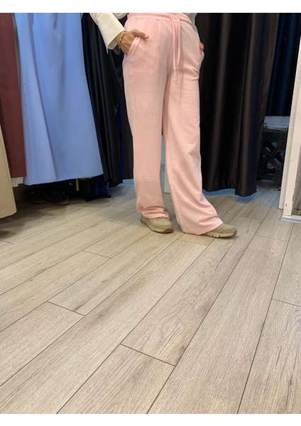 Dökümlü Çizgili Keten Karışımlı Pantolon Penbe