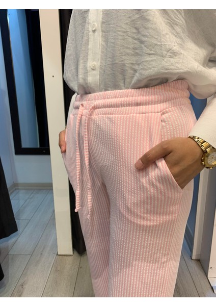Dökümlü Çizgili Keten Karışımlı Pantolon Penbe