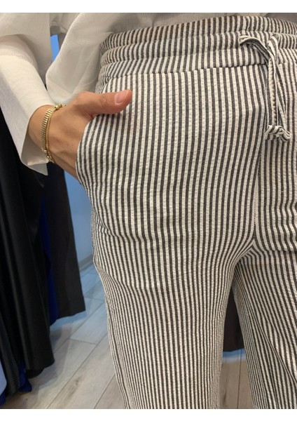 Dökümlü Çizgili Keten Karışımlı Pantolon Füme