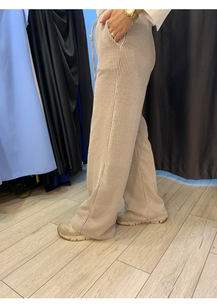 Dökümlü Çizgili Keten Karışımlı Pantolon Kahverengi