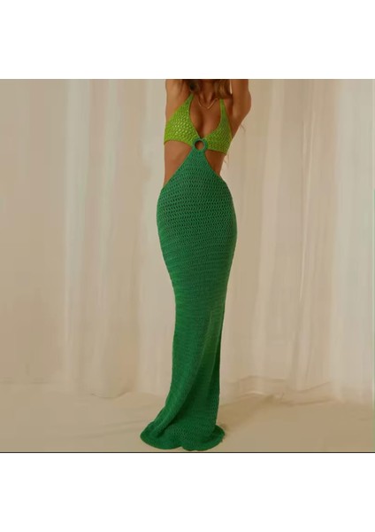 Boho Örme Hollow Out Uzun Elbise ,boyundan Bağlamalı Plaj Elbisesi, Plaj Tatil Kulübü Parti Giyim
