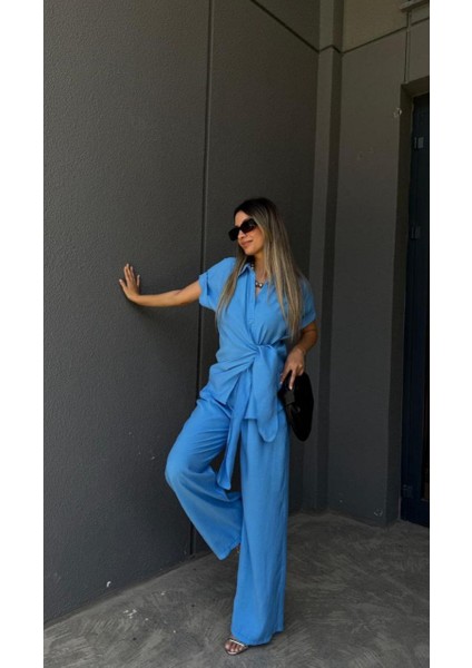 Egzotik Asortik Kadın Beli Baplamalı Kısa Kol Gömlek ve Pantolonlu Ince Ikili Takım