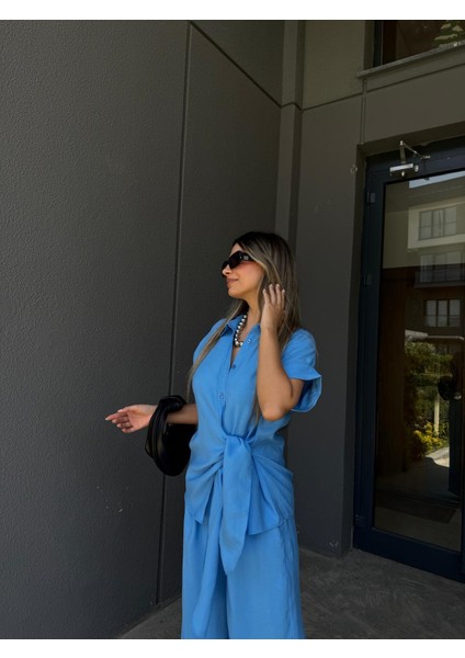 Egzotik Asortik Kadın Beli Baplamalı Kısa Kol Gömlek ve Pantolonlu Ince Ikili Takım modelleri